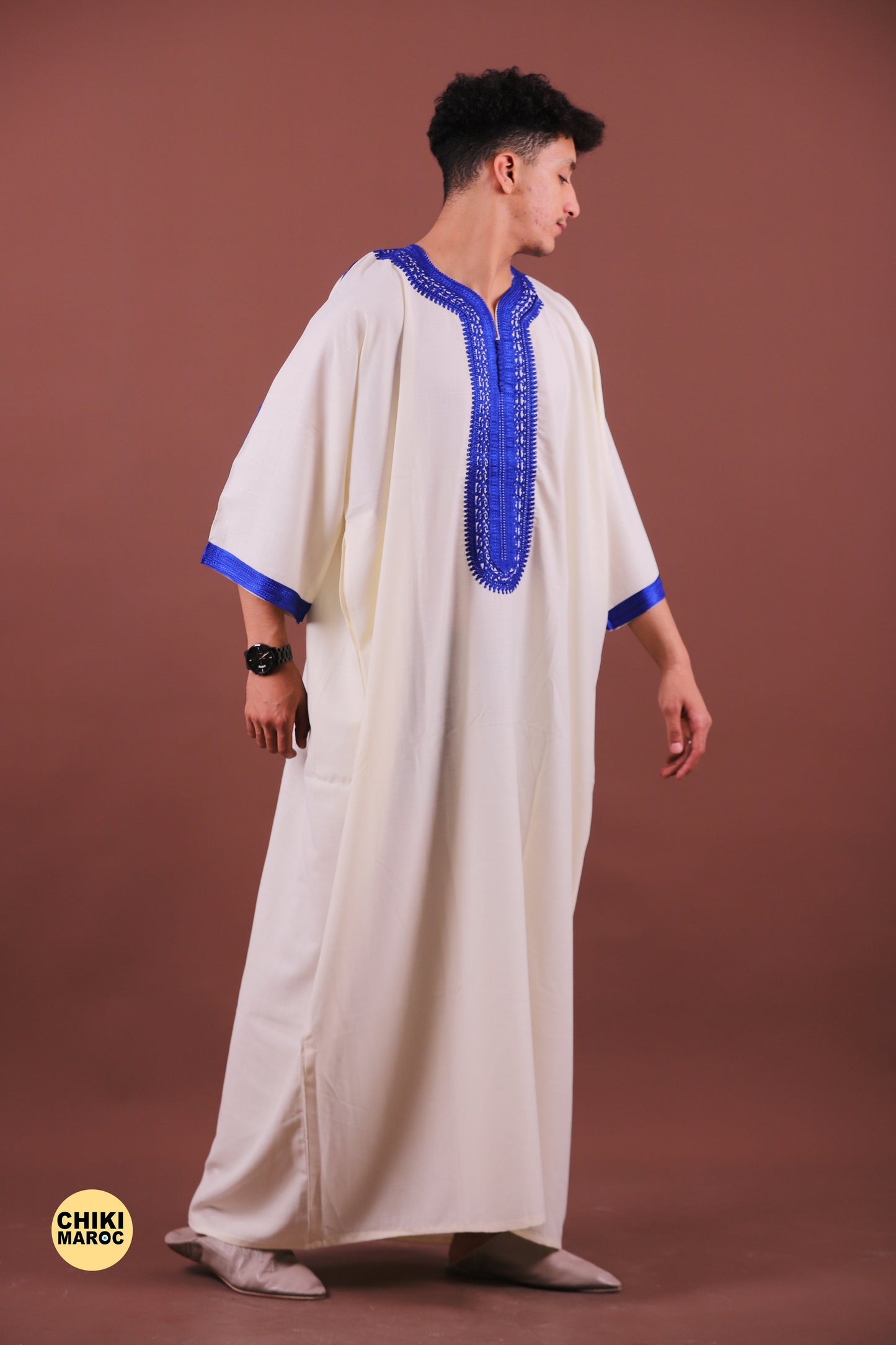 White & Blue Moroccan Thobe for Men - Traditional & Elegant Djellaba