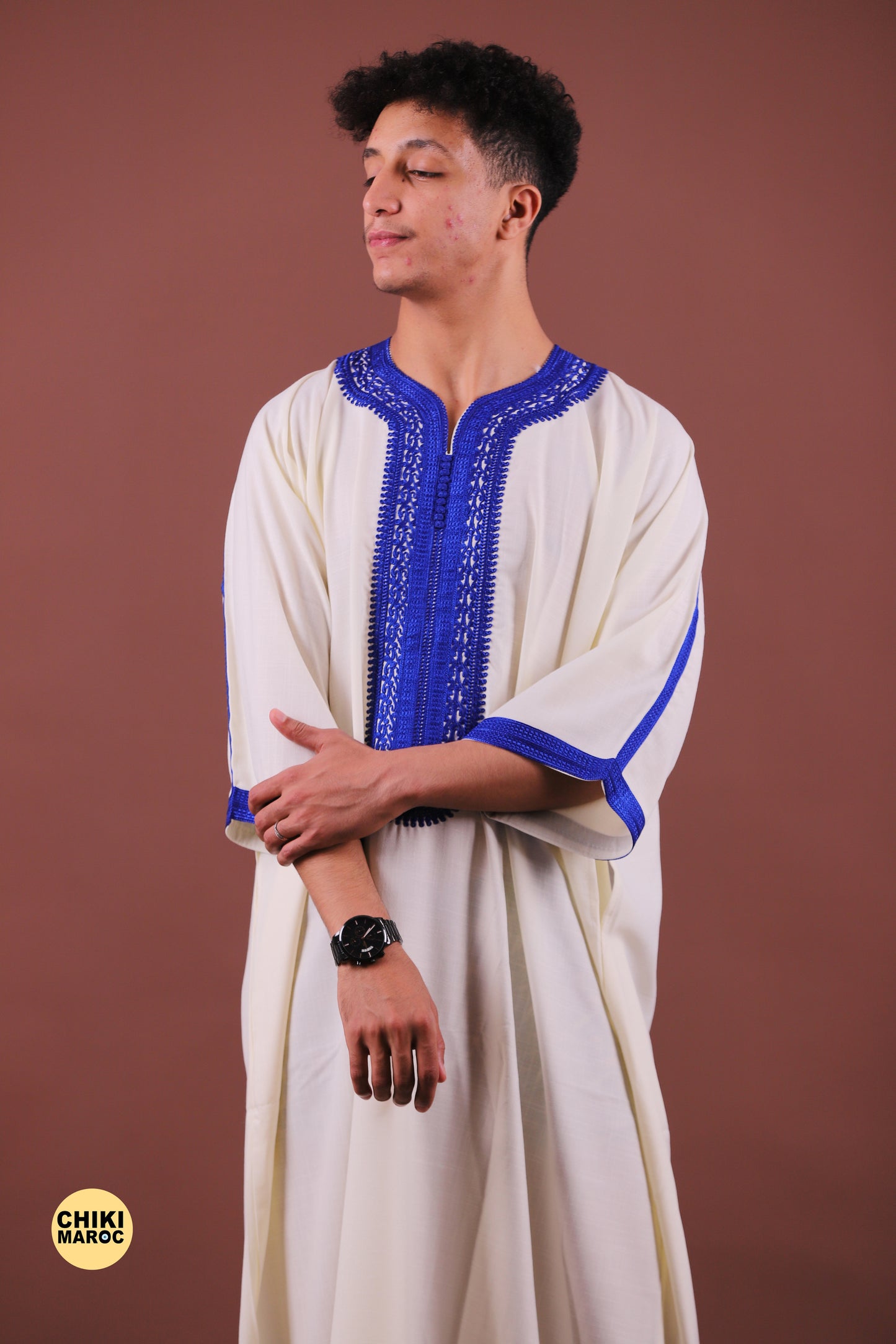 White & Blue Moroccan Thobe for Men - Traditional & Elegant Djellaba