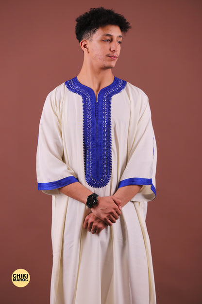 White & Blue Moroccan Thobe for Men - Traditional & Elegant Djellaba