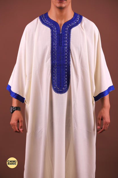 White & Blue Moroccan Thobe for Men - Traditional & Elegant Djellaba