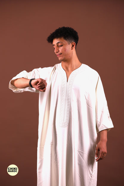 White Moroccan Linen Kaftan for Men - Traditional & Elegant Djellaba