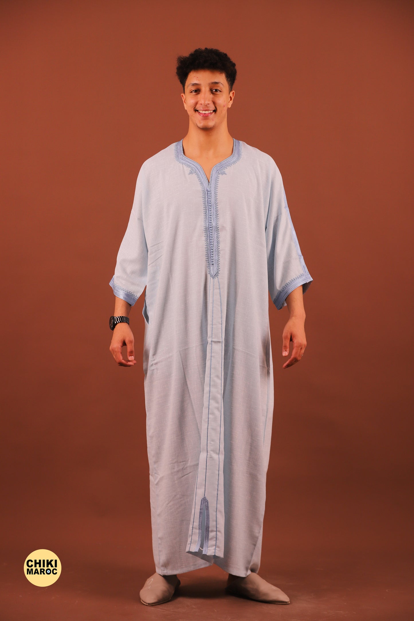 Sky Blue Moroccan Linen Kaftan for Men - Traditional & Elegant Djellaba