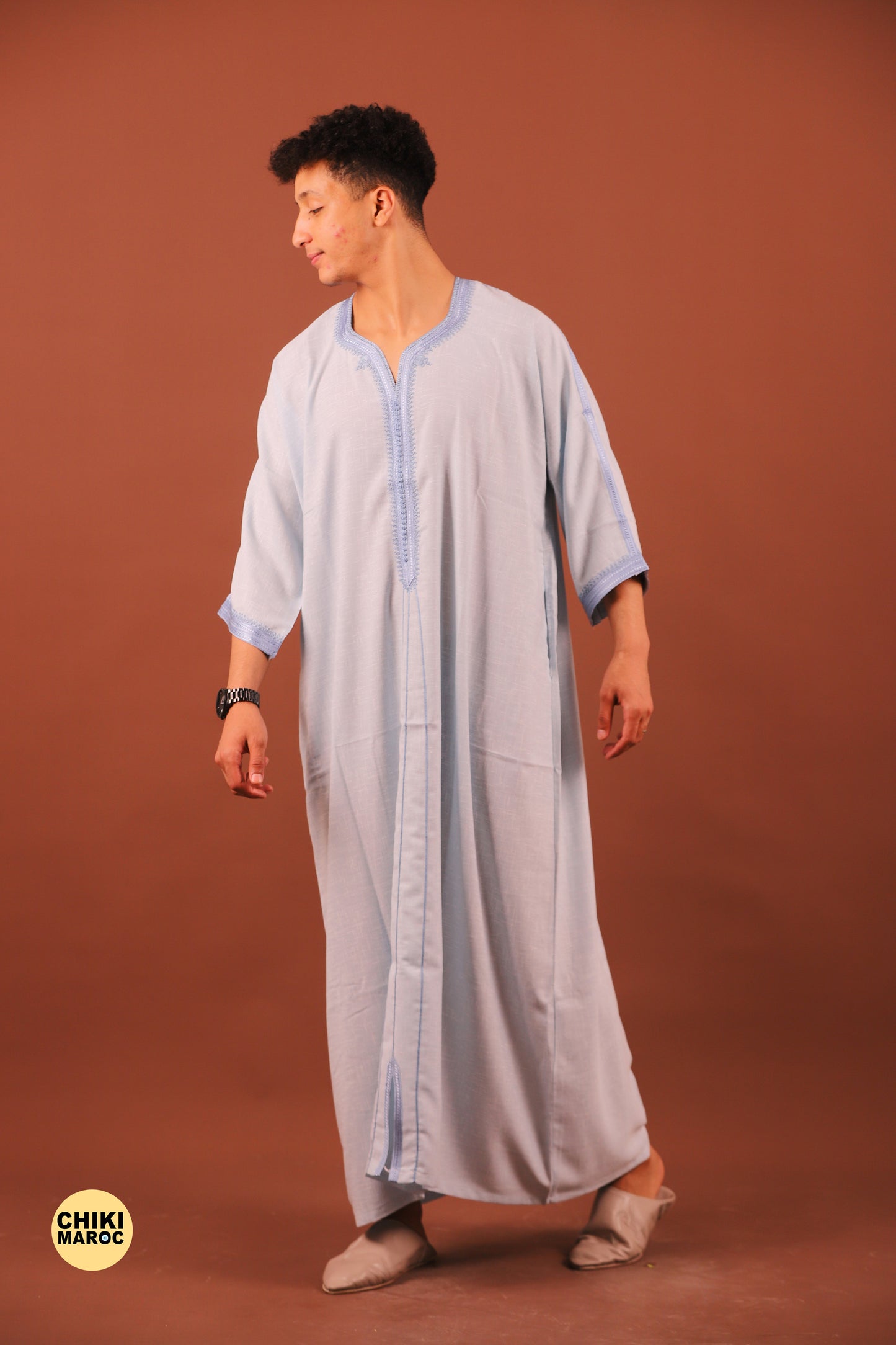 Sky Blue Moroccan Linen Kaftan for Men - Traditional & Elegant Djellaba