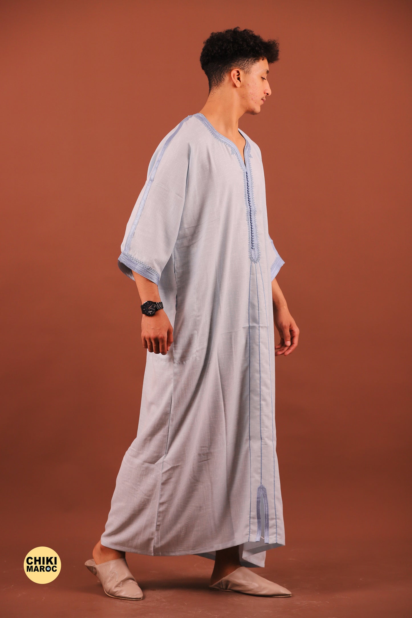 Sky Blue Moroccan Linen Kaftan for Men - Traditional & Elegant Djellaba