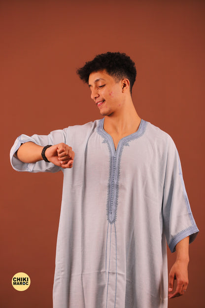 Sky Blue Moroccan Linen Kaftan for Men - Traditional & Elegant Djellaba