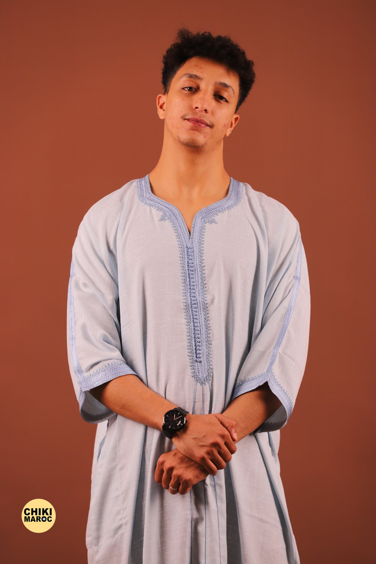 Sky Blue Moroccan Linen Kaftan for Men - Traditional & Elegant Djellaba