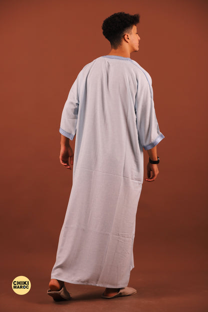 Sky Blue Moroccan Linen Kaftan for Men - Traditional & Elegant Djellaba