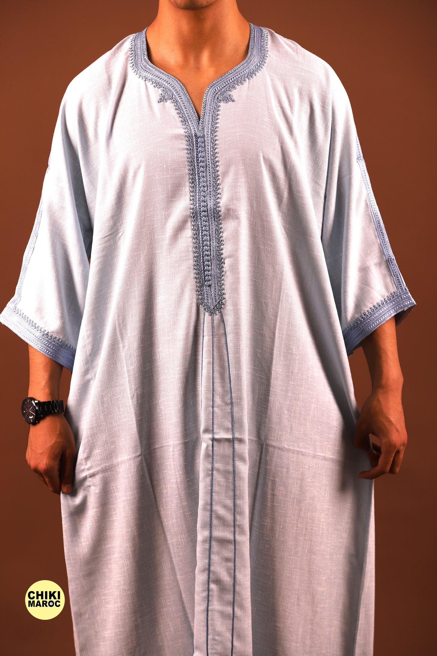 Sky Blue Moroccan Linen Kaftan for Men - Traditional & Elegant Djellaba