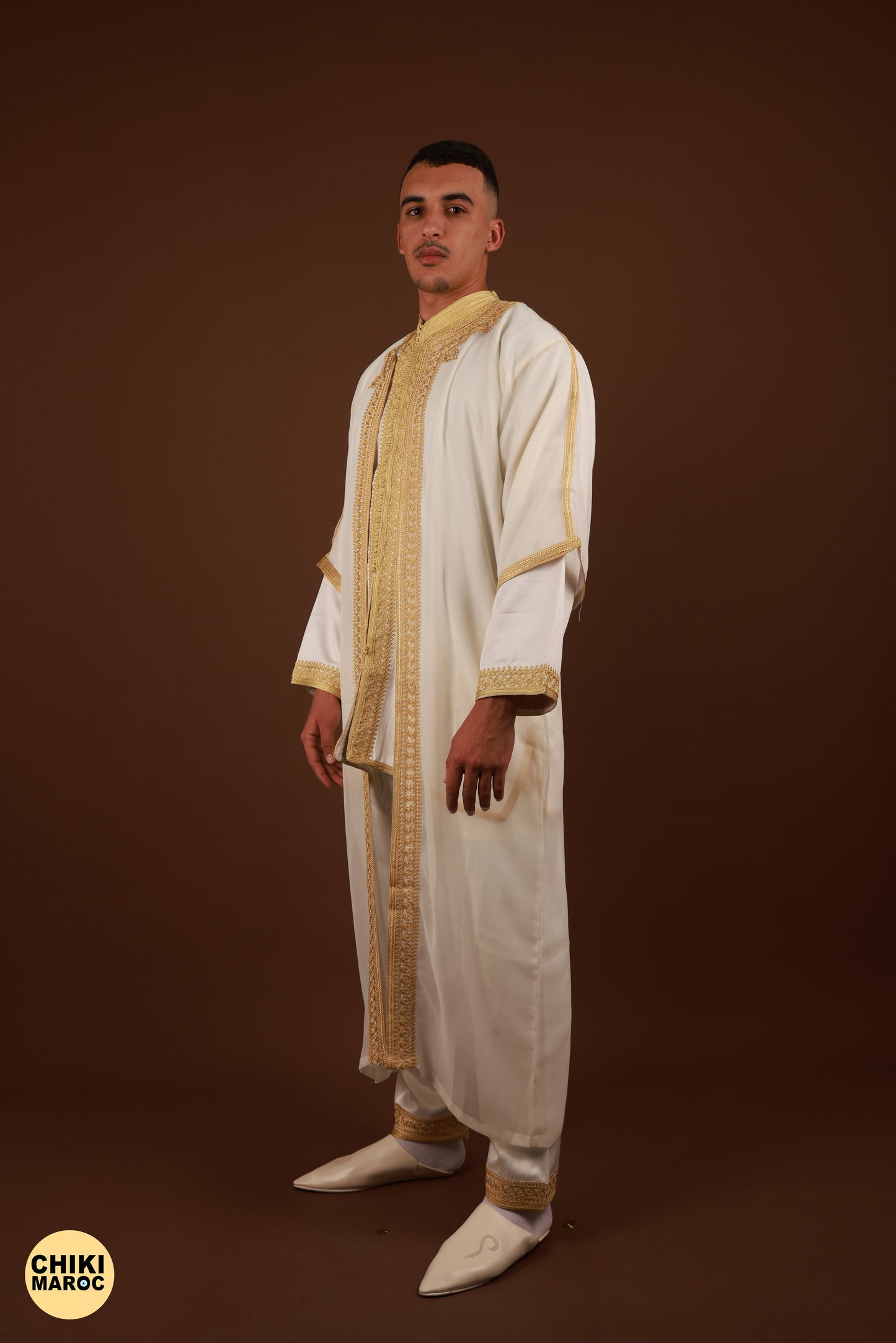 White & Gold Moroccan Jabador, Muslim Nikkah Dress for Men