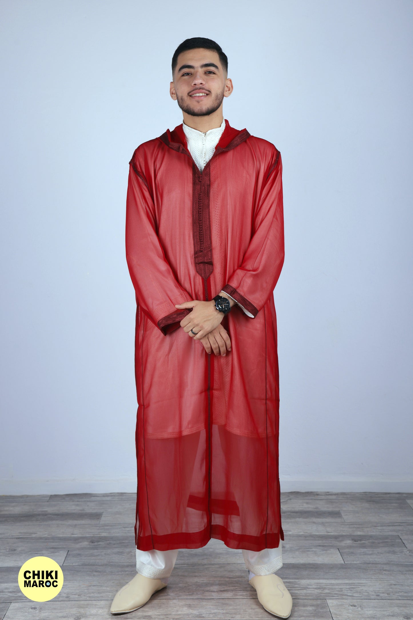 Elegant Hooded Moroccan Djellaba I Red Transparent