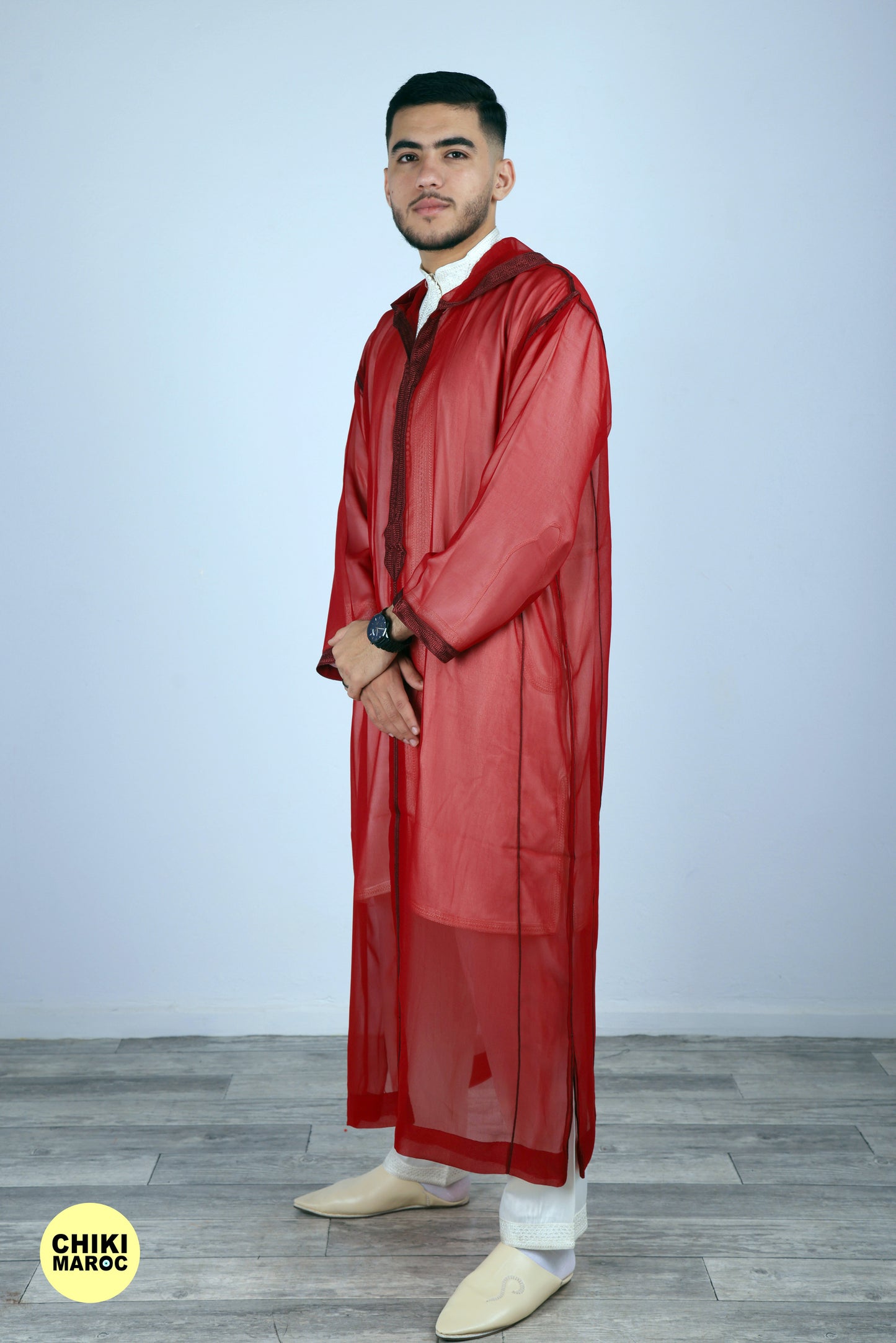 Elegant Hooded Moroccan Djellaba I Red Transparent