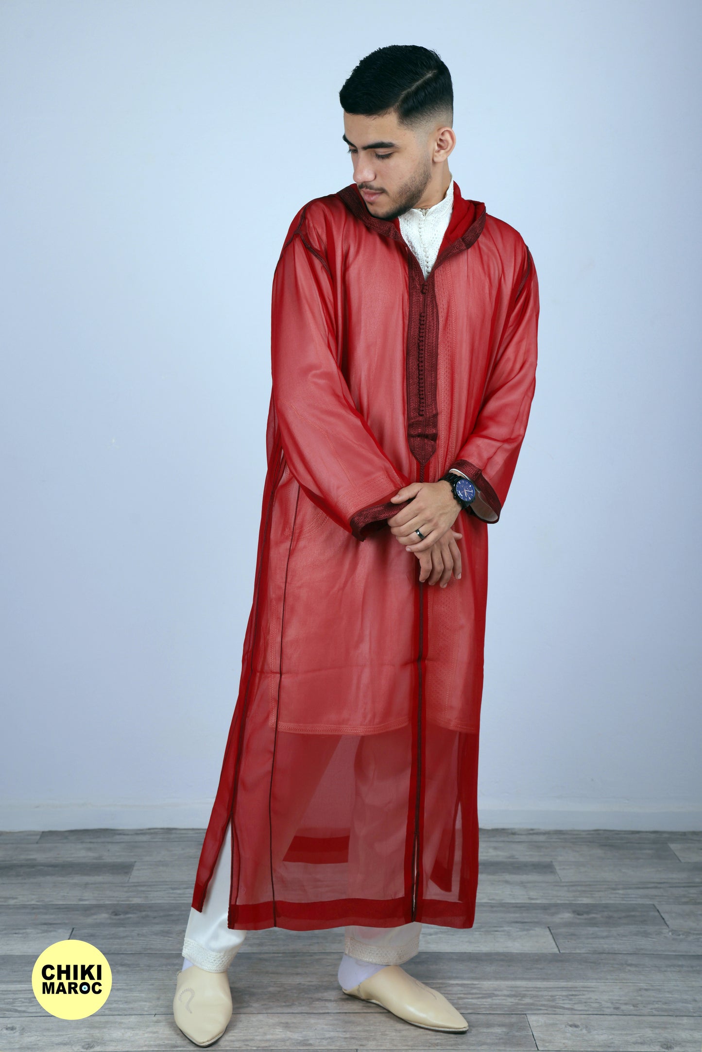 Elegant Hooded Moroccan Djellaba I Red Transparent