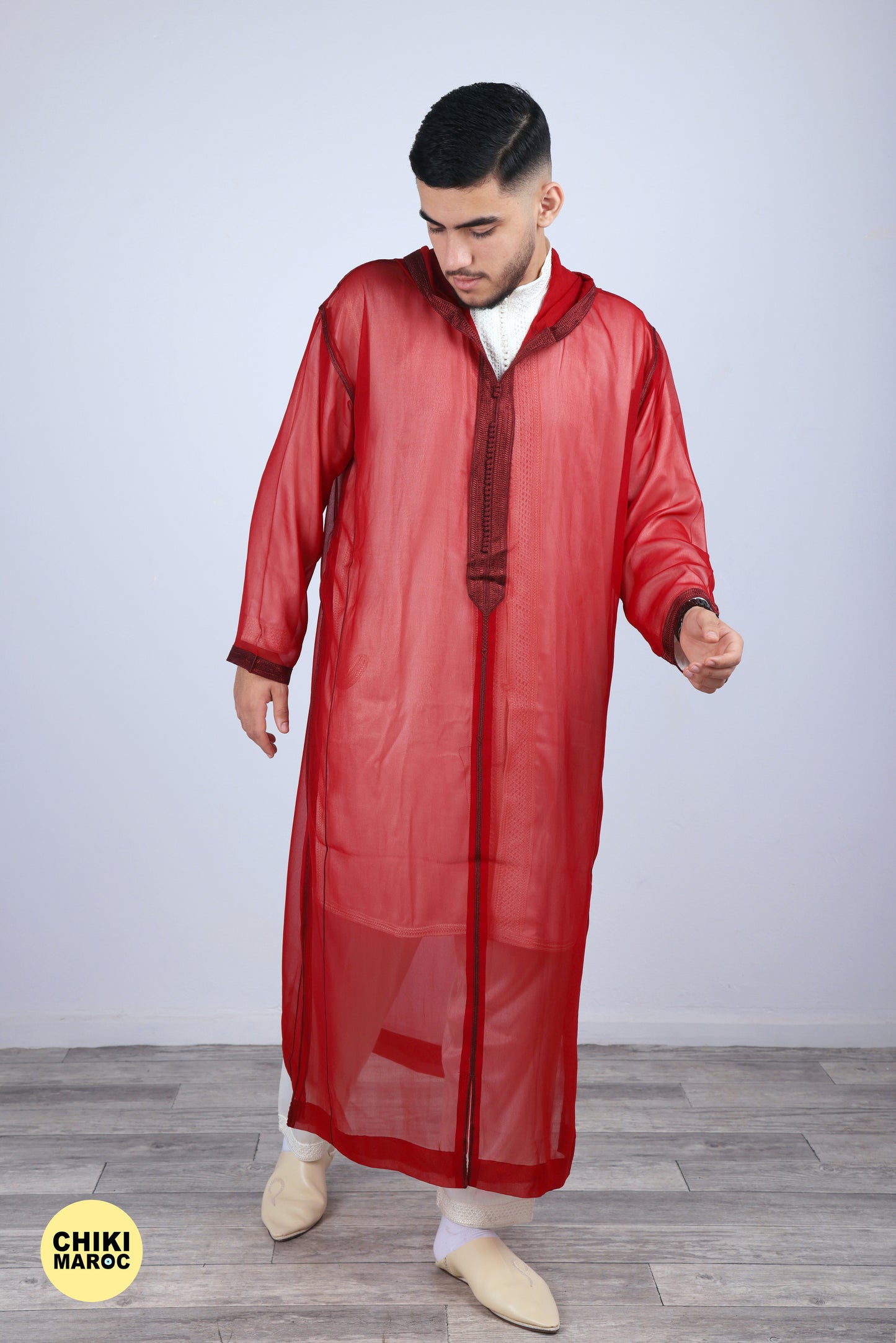 Elegant Hooded Moroccan Djellaba I Red Transparent