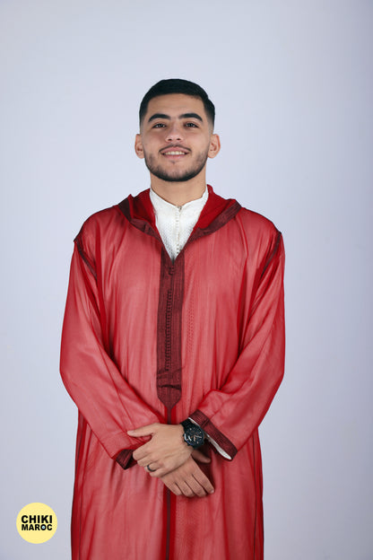 Elegant Hooded Moroccan Djellaba I Red Transparent