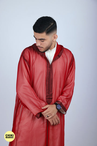 Elegant Hooded Moroccan Djellaba I Red Transparent