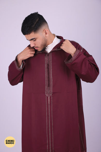 Elegant Hooded Moroccan Djellaba - Burgundy